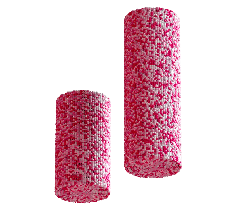 Small red and white spheres form two cylinders